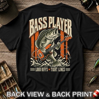 Bass Playing Guitar Vintage Fishing Graphic T-Shirt | Back Print