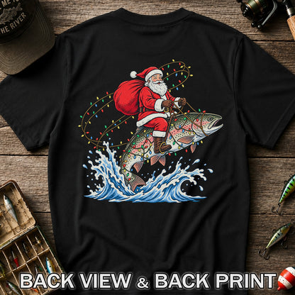 Santa Riding a Christmas-Lighted Rainbow Trout Fishing Graphic T-Shirt | Back Print