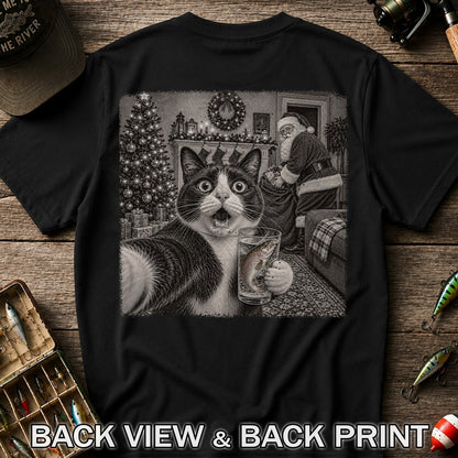 Christmas Cat Holding a Fish Mug Holiday Graphic T-Shirt | Back Print
