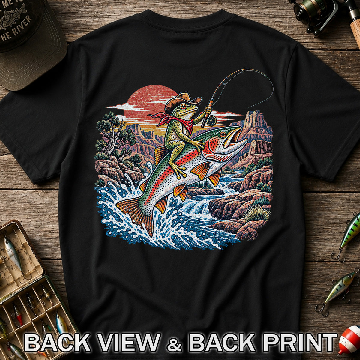 Cowboy Frog Riding a Rainbow Trout Canyon Fishing Graphic T-Shirt | Back Print