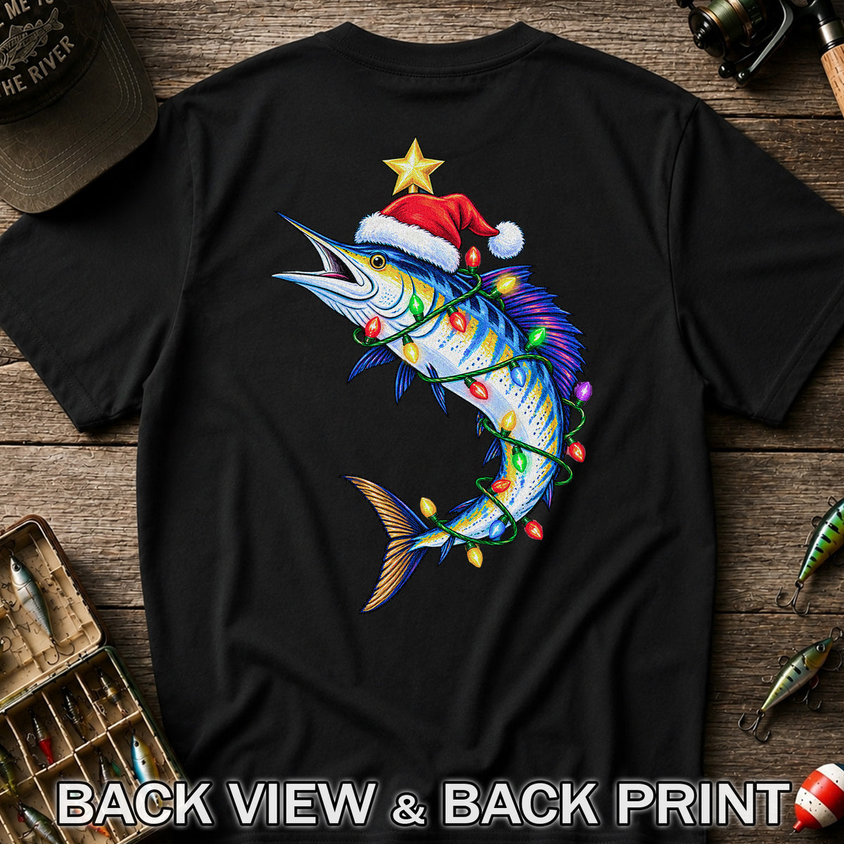 Christmas Marlin Wrapped in Lights Fishing T-Shirt | Back Print