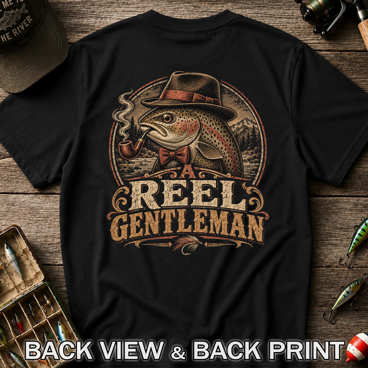 A Reel Gentleman Trout Fishing Vintage Graphic T-Shirt | Back Print