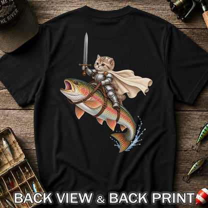 Cat Knight Riding a Rainbow Trout Fishing Graphic T-Shirt | Back Print