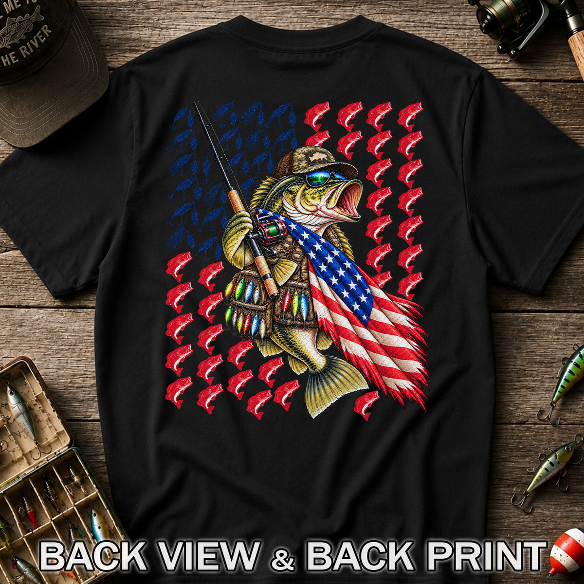 Patriotic Bass Fishing Graphic T-Shirt with American Flag Design | Back Print