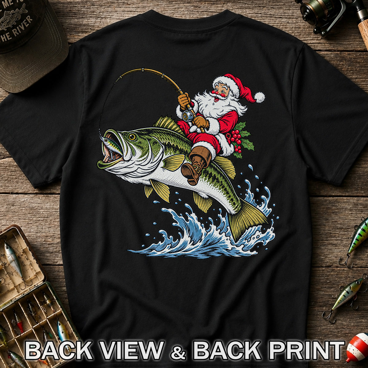 Santa Claus Riding a Bass Christmas Fishing Graphic T-Shirt | Back Print