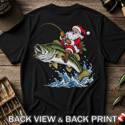 Santa Claus Riding a Bass Christmas Fishing Graphic T-Shirt | Back Print