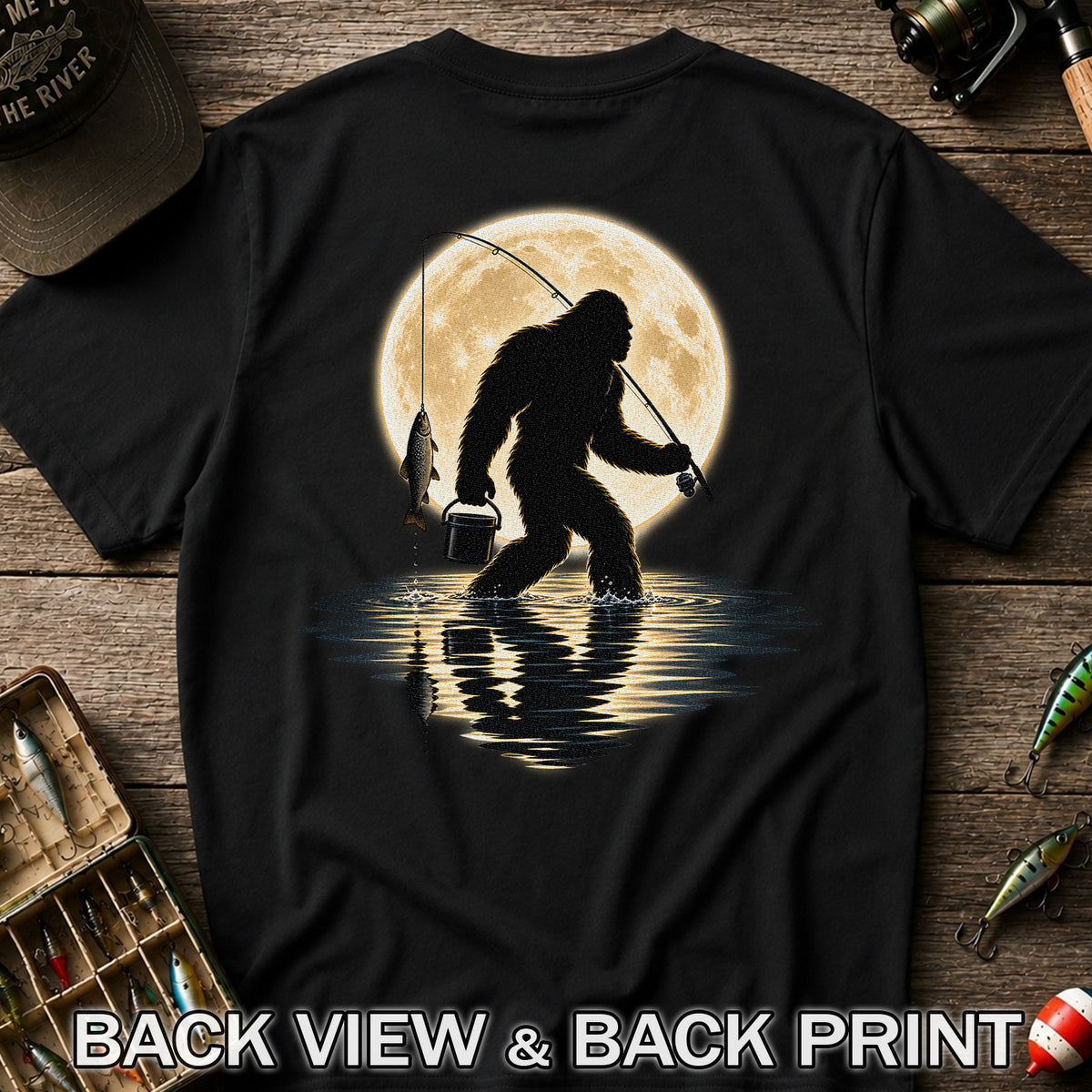 Bigfoot Fishing Under a Full Moon Graphic T-Shirt | Back Print