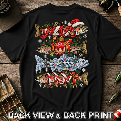 Christmas Rainbow Trout and Fish Skeleton Fishing Graphic T-Shirt | Back Print