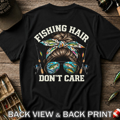 Fishing Hair Don't Care Messy Bun and Sunglasses T-Shirt | Back Print