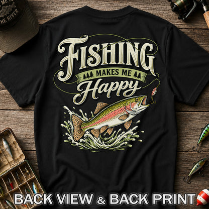 Fishing Makes Me Happy Rainbow Trout Vintage Graphic T-Shirt | Back Print