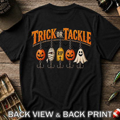 Trick or Tackle Pumpkin Ghost and Mummy Fishing Lures Halloween T-Shirt | Back Print