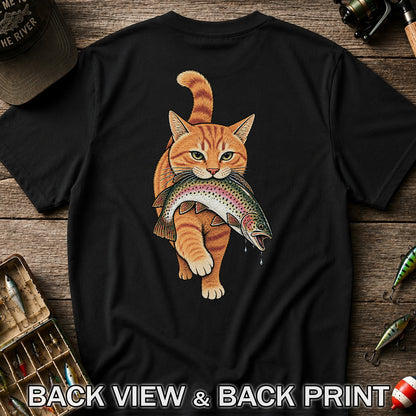 Cat Holding Trout Funny Fishing Graphic T-Shirt | Back Print