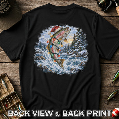 Santa Rainbow Trout with Christmas Lights Fishing T-Shirt | Back Print