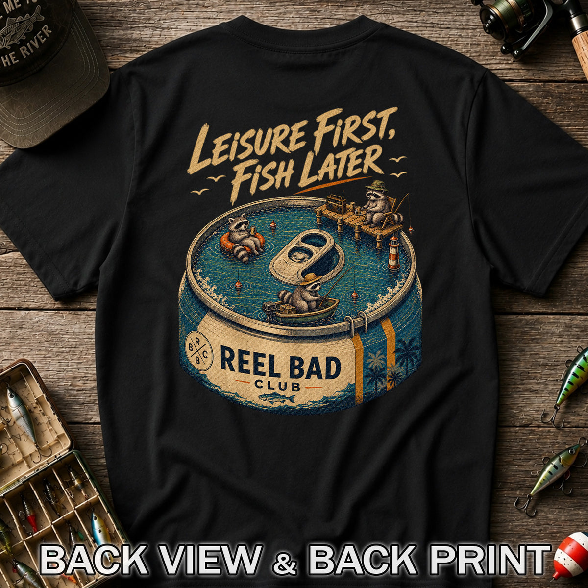 Raccoon Fishing Can Leisure Graphic T-Shirt | Back Print