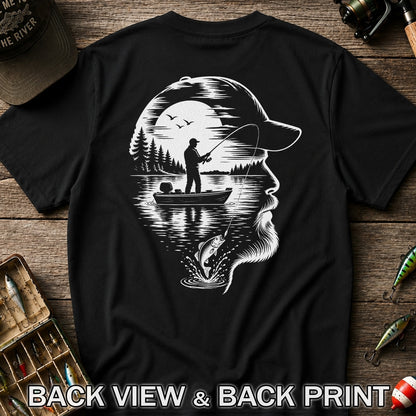 Bearded Angler Silhouette with Lake Fishing Scene Graphic T-Shirt | Back Print