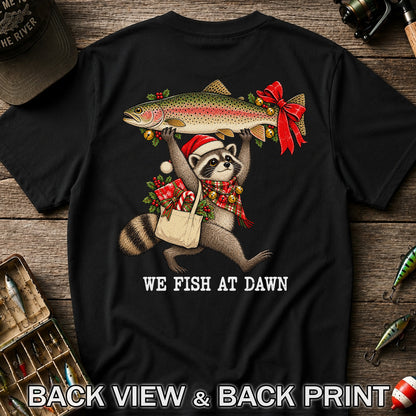 Christmas Raccoon Holding Rainbow Trout Fishing T-Shirt | Back Print