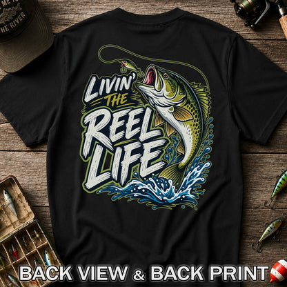 Livin' the Reel Life Jumping Bass Fishing Graphic T-Shirt | Back Print