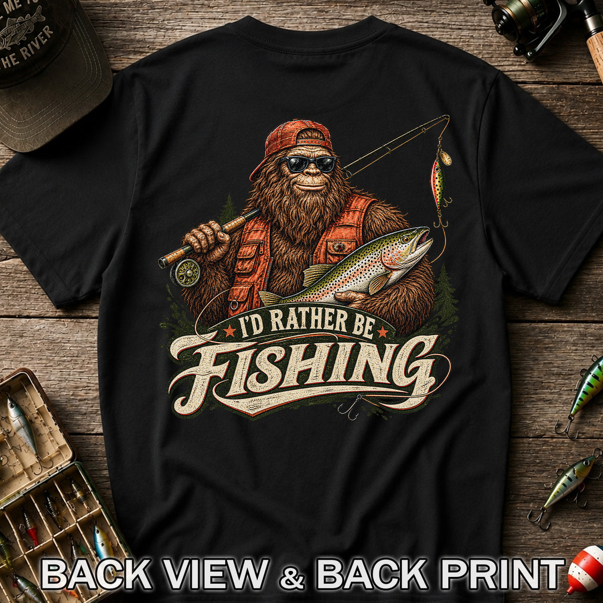 Bigfoot Holding Trout Funny Fishing Graphic T-Shirt | Back Print