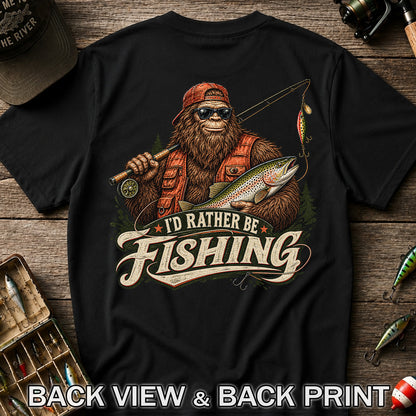 Bigfoot Holding Trout Funny Fishing Graphic T-Shirt | Back Print