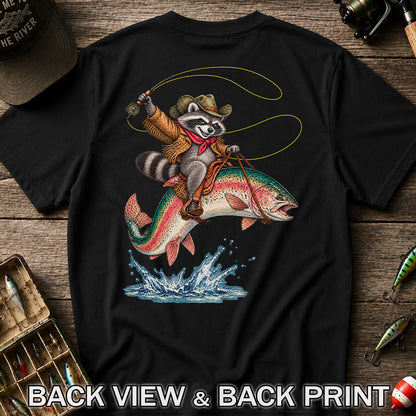 Cowboy Raccoon Riding a Rainbow Trout Fishing Graphic T-Shirt | Back Print