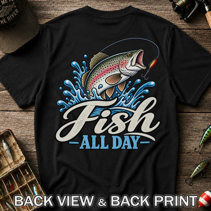 Fish All Day Jumping Rainbow Trout Fishing Graphic T-Shirt | Back Print
