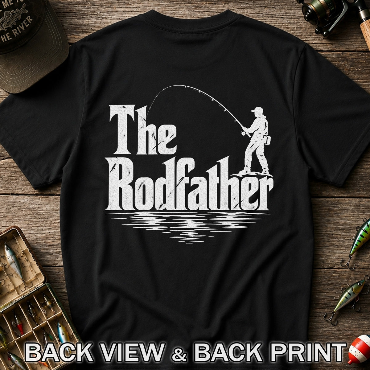 The Rodfather Funny Fishing Graphic T-Shirt | Back Print