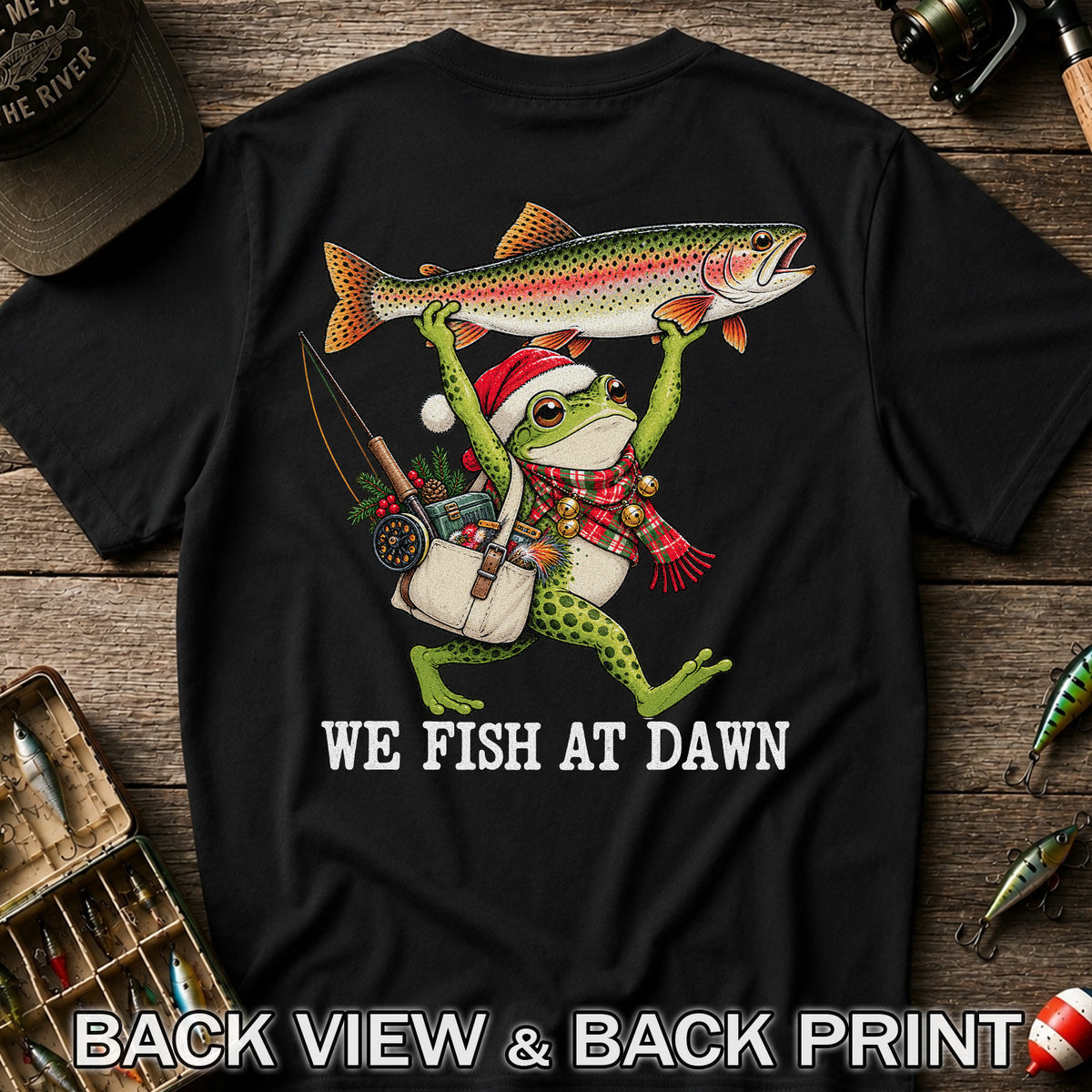 Frog Holding Rainbow Trout Fishing at Dawn Graphic T-Shirt | Back Print