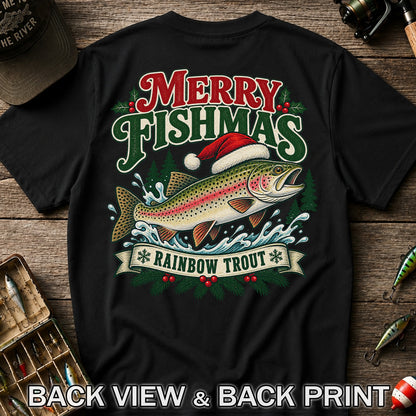 Merry Fishmas Rainbow Trout in Santa Hat Christmas Fishing T-Shirt | Back Print
