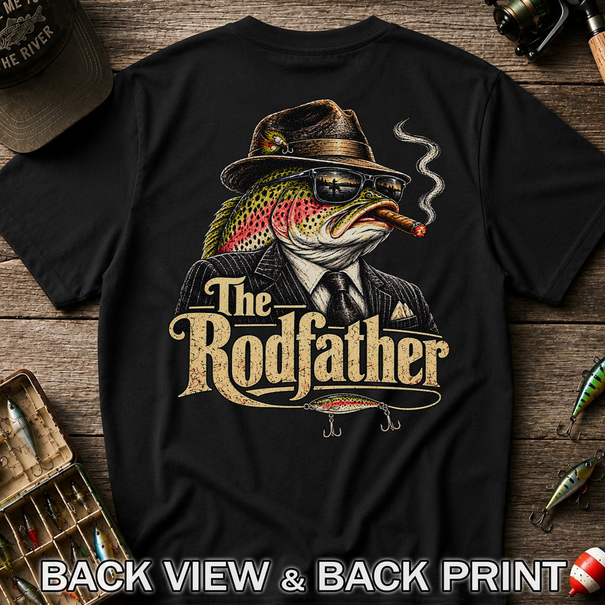 The Rodfather Rainbow Trout Gangster Funny Fishing T-Shirt | Back Print