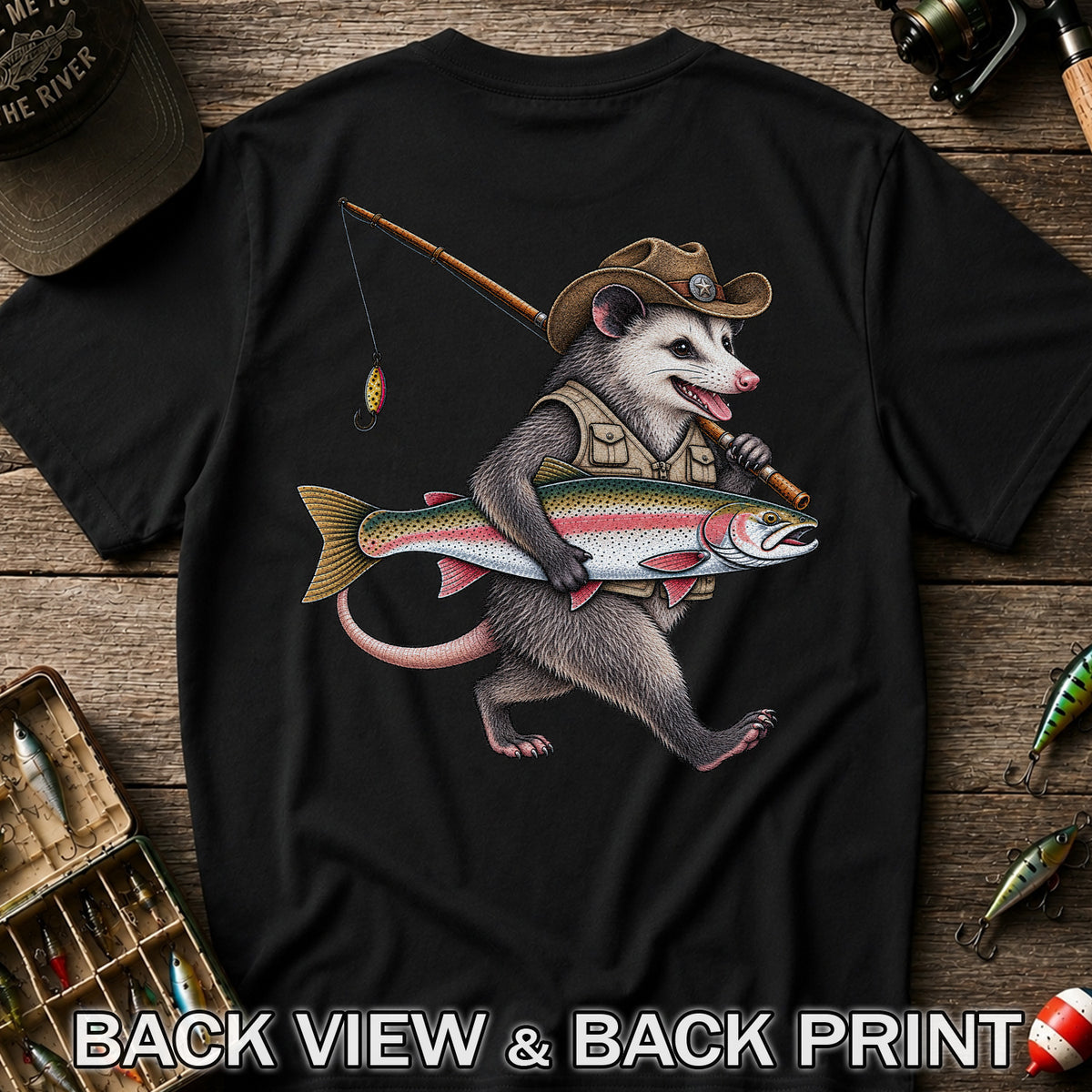 Cowboy Opossum Holding Rainbow Trout Fishing Graphic T-Shirt | Back Print