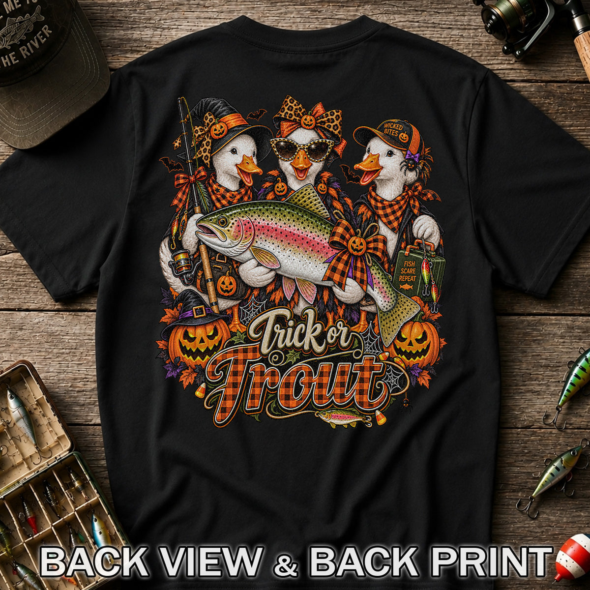 Trick or Trout Halloween Ducks with Rainbow Trout and Pumpkins Fishing T-Shirt | Back Print