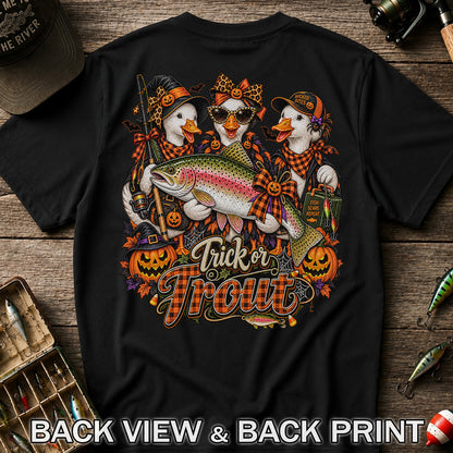 Trick or Trout Halloween Ducks with Rainbow Trout and Pumpkins Fishing T-Shirt | Back Print