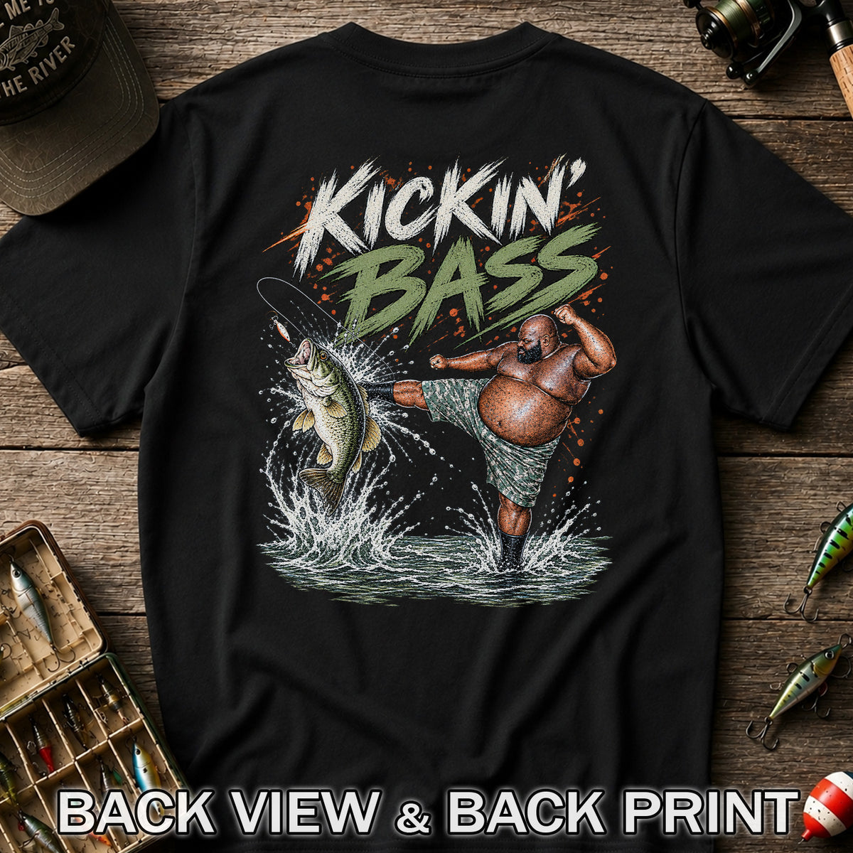 Kickin' Bass Funny Bass Fishing Graphic T-Shirt | Back Print