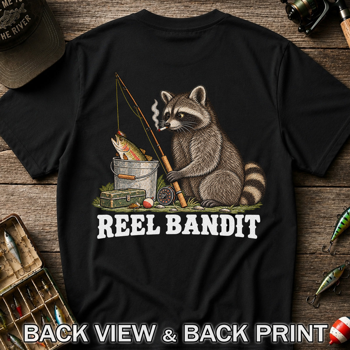 Reel Bandit Smoking Raccoon with Fishing Rod Funny T-Shirt | Back Print