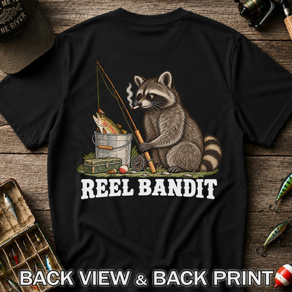 Reel Bandit Smoking Raccoon with Fishing Rod Funny T-Shirt | Back Print