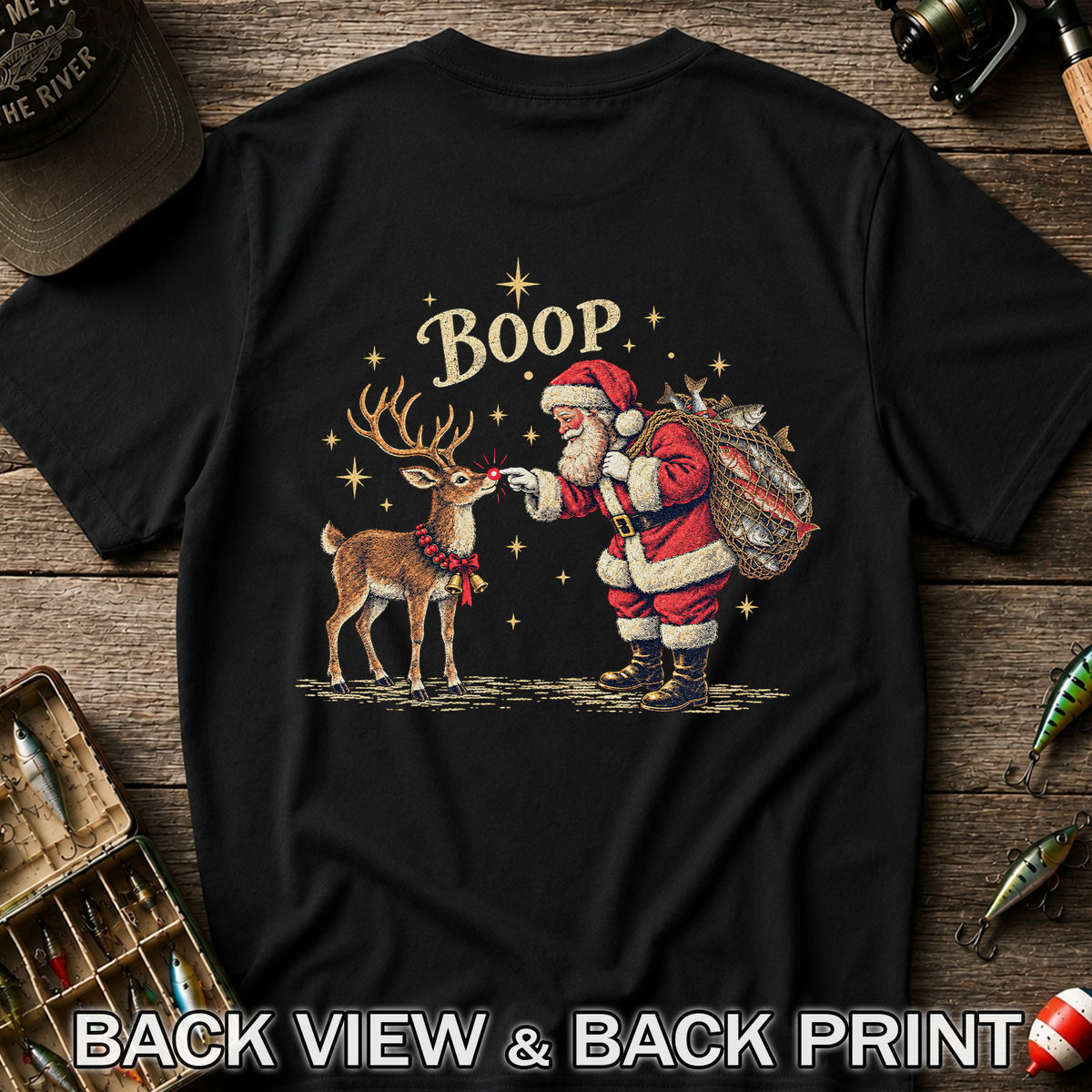 Santa and Reindeer Fishing Christmas Graphic T-Shirt | Back Print