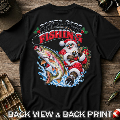 Santa Goes Fishing Rainbow Trout Christmas Graphic T-Shirt | Back Print
