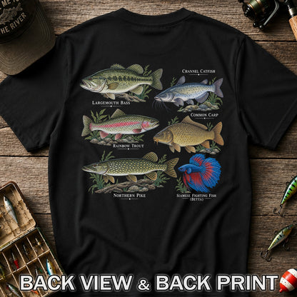 Bass Trout Catfish Carp Pike and Betta Freshwater Fish Graphic T-Shirt | Back Print