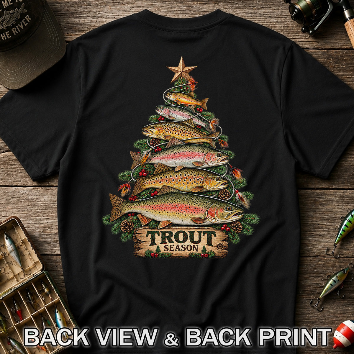 Trout Season Fish Christmas Tree Fishing T-Shirt | Back Print