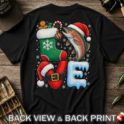 LOVE Christmas Rainbow Trout Fishing Graphic T-Shirt | Back Print