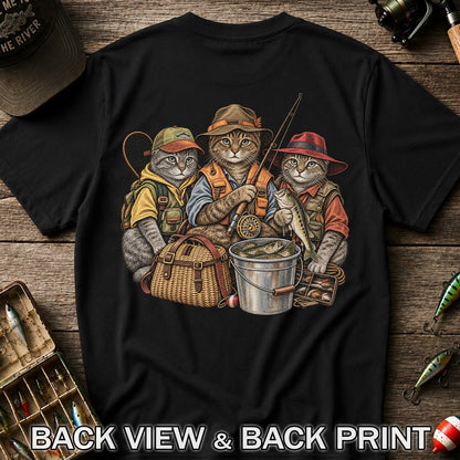 Three Fishing Cats with Rod and Catch Vintage Graphic T-Shirt | Back Print