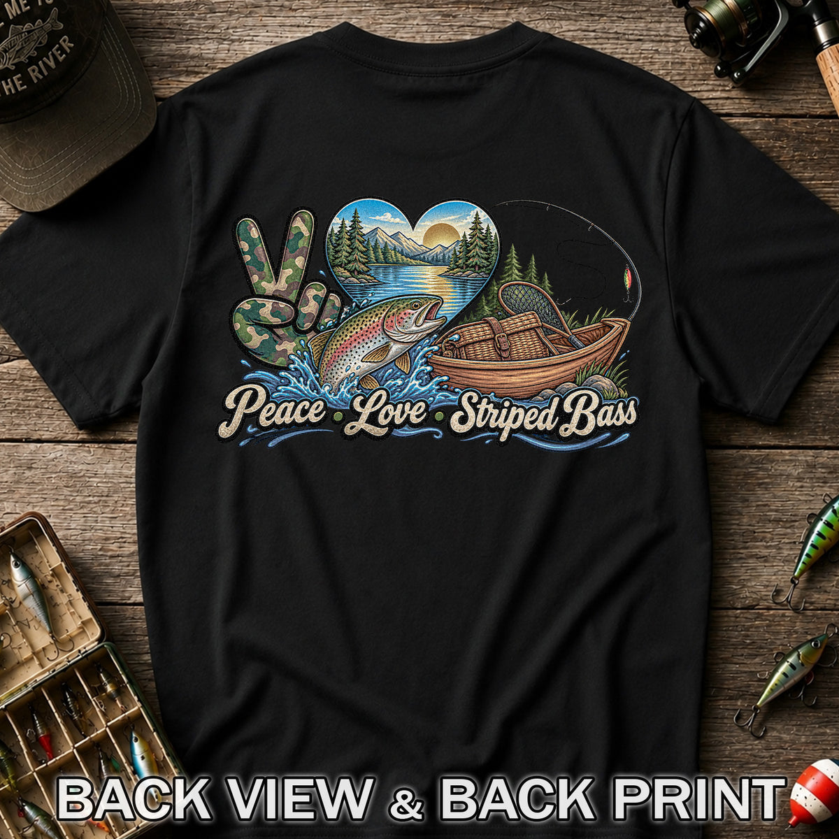 Peace Love Striped Bass Lake and Boat Fishing Graphic T-Shirt | Back Print