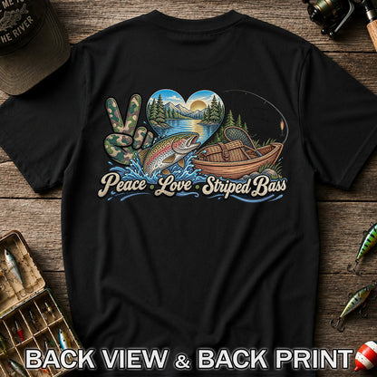 Peace Love Striped Bass Lake and Boat Fishing Graphic T-Shirt | Back Print