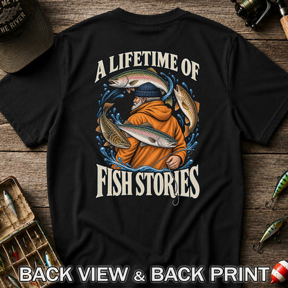 A Lifetime of Fish Stories Angler and Trout Fishing Graphic T-Shirt | Back Print