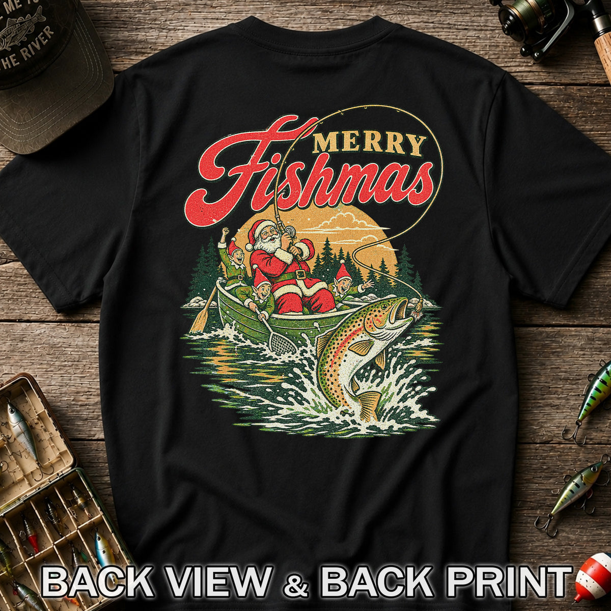 Merry Fishmas Santa and Elves Trout Fishing Christmas T-Shirt | Back Print