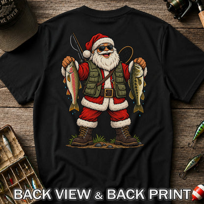 Santa Claus Holding Trout and Bass Christmas Fishing Graphic T-Shirt | Back Print