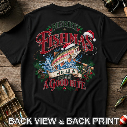 Merry Fishmas to All and to All a Good Bite Rainbow Trout T-Shirt | Back Print