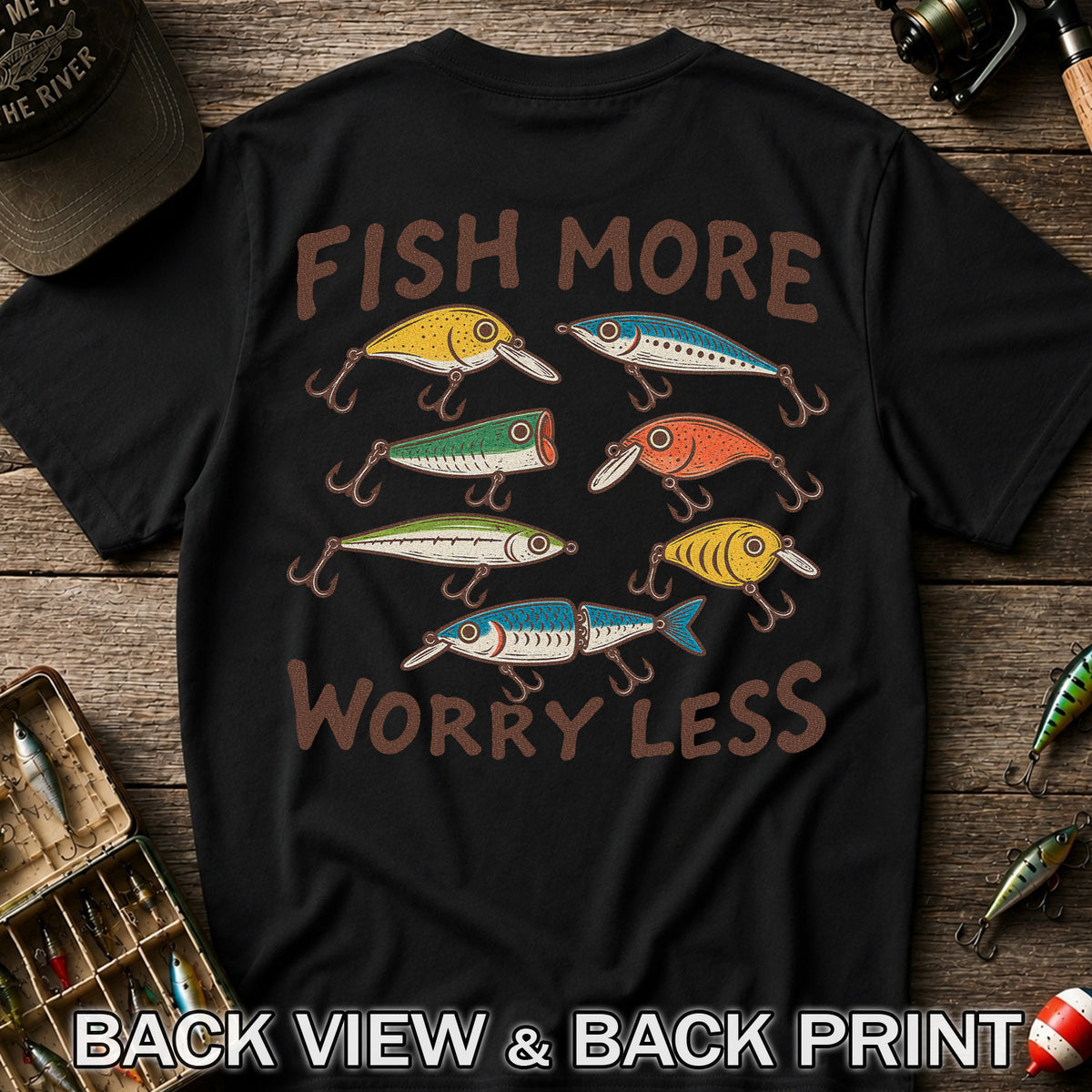 Colorful Fishing Lures and Hooks Graphic T-Shirt | Back Print