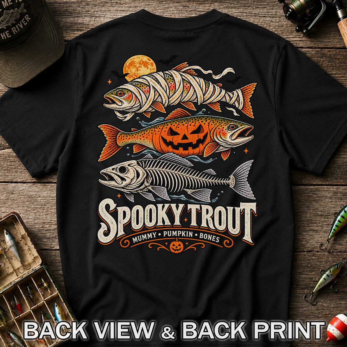 Spooky Trout Mummy Pumpkin Bones Halloween Fishing T-Shirt | Back Print
