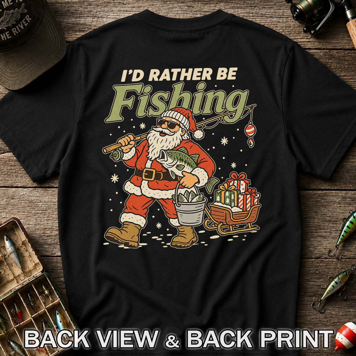Santa Claus Fishing with Bass Christmas T-Shirt | Back Print